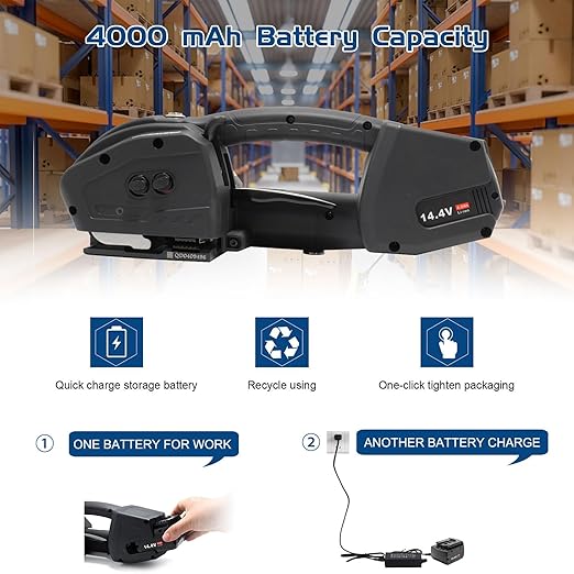 Electric Strapping Machine 2 x 4000mAh Battery Automatic Strapping Tool for 1/2-5/8in PP PET Straps Portable Handheld Banding Machine for Warehouse Box Pallet Packaging