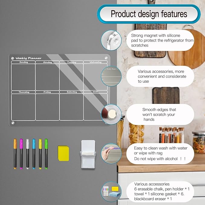 16"X12" Acrylic Weekly Planner for Fridge,Acrylic Magnetic Menu Board for Kitchen,Clear Meal Planner for Refrigerator,Magnet Weekly Calendar for Fridge with 6 Magnetic Markers