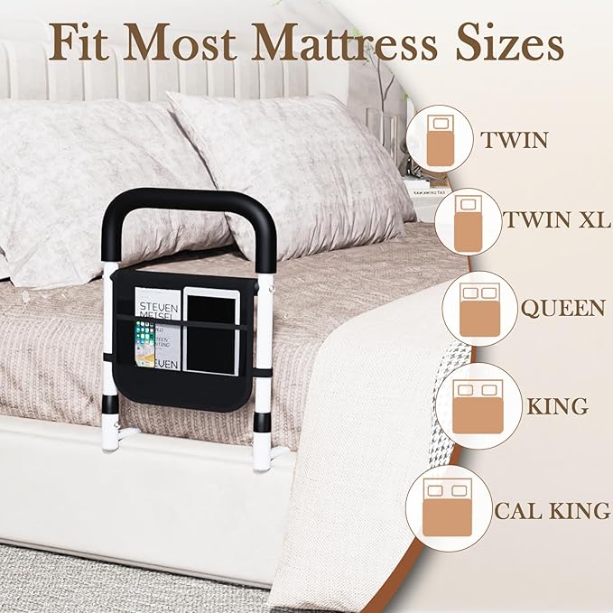 Bed Rails for Elderly Adults Safety – Bed Cane for Seniors, Grab Bar Bed Handrails with Ergonomic Handle & Storage Pocket, 17-Inch Fixed Height, Easy to Assemble, Holds up to 300lbs