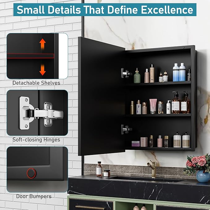 20 x 26 Inch Medicine Cabinet for Bathroom Wall Mounted, Recessed With Beveled Mirror and Adjustable Shelves, Black Cabinet With Ample Storage for Modern House
