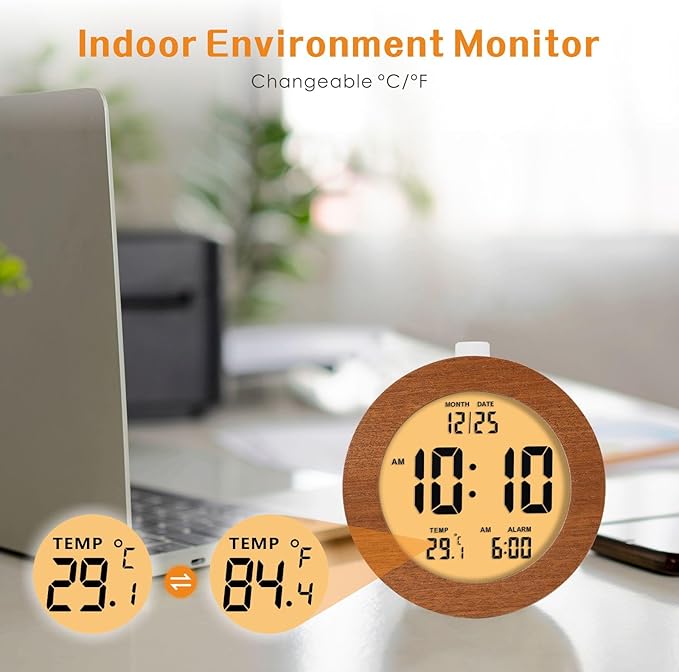 Plumeet Wooden Digital Alarm Clock for Bedrooms, Wood 4'' Battery Powered Alarm Clock with Snooze and Nightlight, Electronic LCD Desk Clock Display Time, Date, Temp, 12/24H, Wood Décor, Round, Sapele