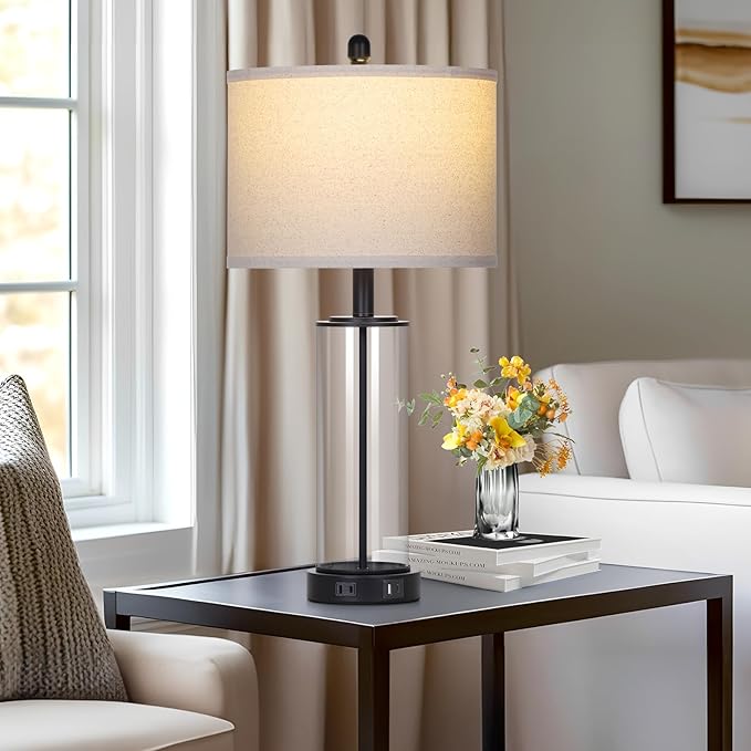 26" Black Glass Table Lamps Set of 2, 3-Way Dimmable Touch Control Living Room Lamp with USB C+A Ports & AC Outlet, Modern Bedside Lamps, Elegant Bedroom Lamps for Nightstand Side End Table Desk