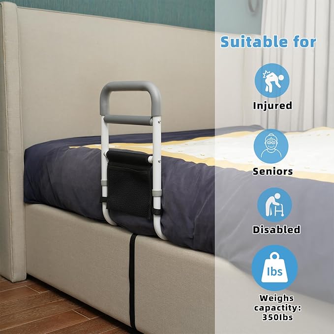 Bed Rails for Elderly Adults - 350LBS Heavy Duty Bed Assist Rail with Non-Slip Bedside Handle, Fall Prevention Safety Cane with Storage Pocket for Seniors, Fits King/Queen/Full/Twin Beds