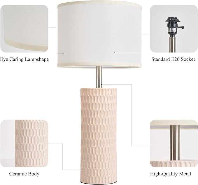 26.5" Ceramic Table Lamp, Table Lamp for Living Room, Pink Lamp for Bedroom, Night Stand Lamps, Modern Bedside Lamp Set of 2, End Table Lamps, Pink