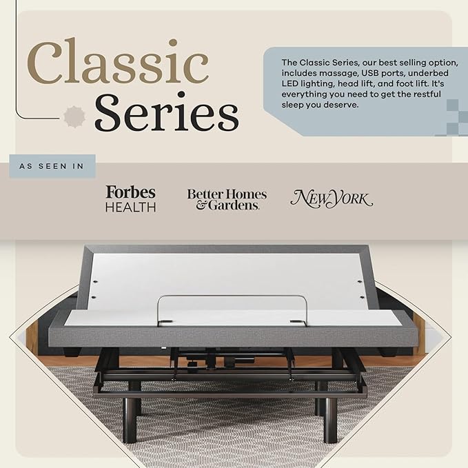 Sven & Son Classic Adjustable Bed Base, Head and Foot Lift, Massage, Under-Bed Lights, USB, Gel Memory, Zero Gravity Smart Frame - Full