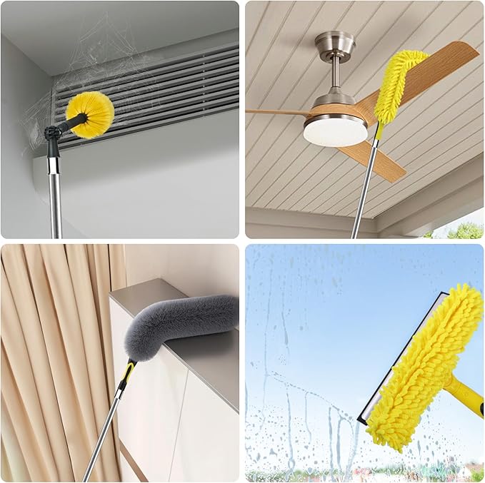 20 Foot High Ceiling Duster Kits with 5-12ft Heavy Duty Extension Pole, High Reach Duster for Cleaning,Microfiber Feather Duster,Cobweb Duster,Ceiling Fan Duster,Window Squeegee & Cleaner