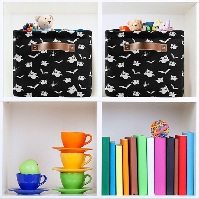Storage Basket Bin Halloween Ghost and Bat Organizer Basket Collapsible Shelf Basket Cube with handle for Nursery Bedroom Bathroom