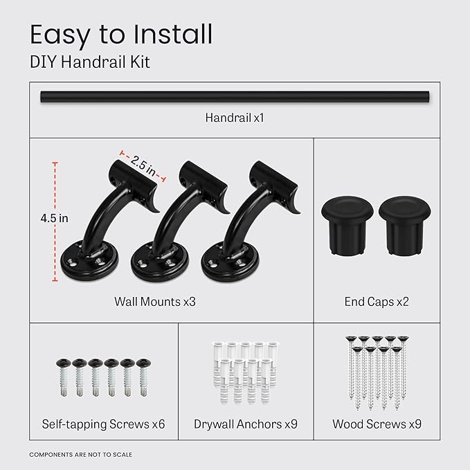 Meranti Aluminum Handrail for Indoor or Outdoor Steps and Stairs – Hand Rails for Elderly – DIY Complete Stair Railing Kit (AHR, Black, 7' Length)