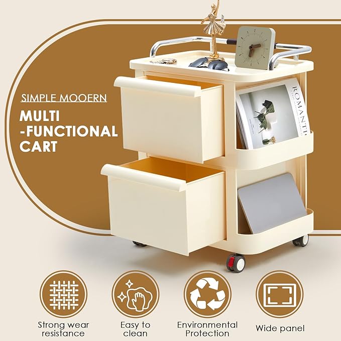 2-Tier Rolling Cart with Drawers - Mobile Storage Rolling Cart with Open Shelves, Lockable Casters, Multi-functional storage for Kitchen, Bathroom, Craft, Bedroom, Beige