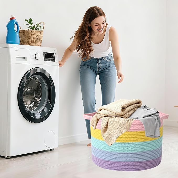 Large Storage Basket with Handle,23.6" x 23.6" x 15.7" Blanket Basket Storage Bins for Organizing,65L Cotton Rope Woven Baskets for Living Room, Nursery ,Bedroom,Colorful