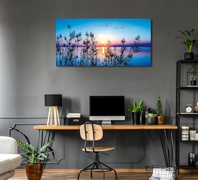 arteWOODS Sunset Lake Canvas Wall Art - Nature Pictures for Home Decor Reed Birds Sunlight Canvas Painting Blue Sky Lake Scene Print Artwork for Living Room Bedroom Office Wall Decoration 20" x 40"