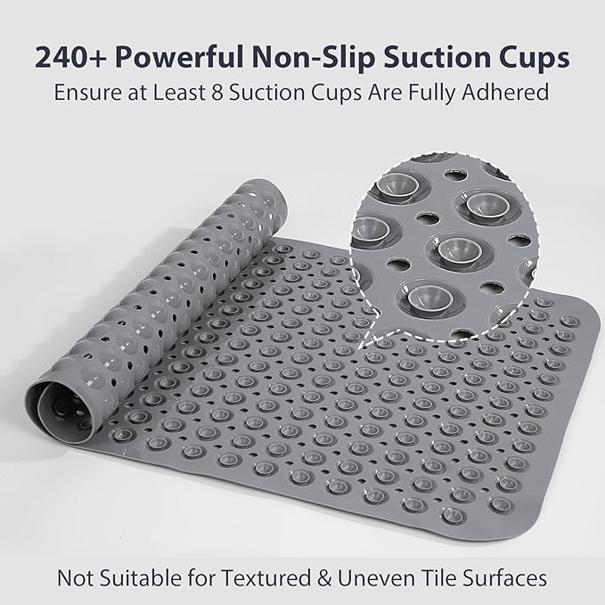 Large Shower Mat 21.5x33.5 Inch Grey, Soft Non Slip Shower Mats for Inside Shower with Big Suction Cups Drain Holes, Extra Large Bath Bathtub Mat Floor Stall Mats, BPA-Free, Easy Clean