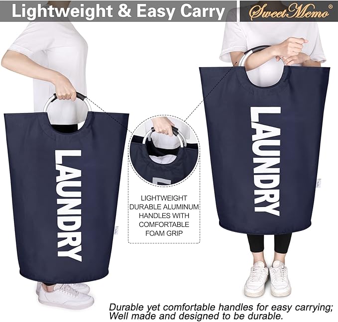Large Laundry Basket Collapsible，Freestanding Clothes Hamper Bag with Handles – Tall Folding Dirty Laundry Bin，Sturdy Laundry Sorter for College Dorm，Laundry Room – 131L (Navy Blue)