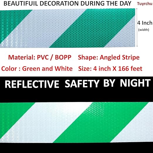 Reflective Tape Green and White 4 inch X 166 feet, Outdoor Waterproof Hazard Conspicuity Safety Industrial Marking Tape
