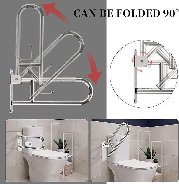 Toilet Grab Bar 22.4 Inch, YuanDe Flip Up Grab Bar with Paper Holder, Polished Chrome Anti-Slip Safety Bars for Toilet, Stainless Steel Knurled Toilet Handles for Seniors Disabled Elderly Pregnant