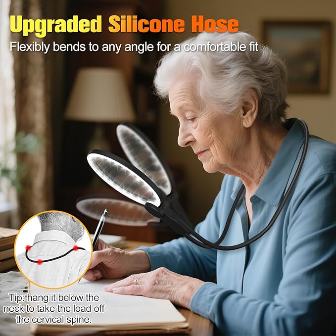 Hands Free Magnifying Glass with Light for Close Work, 5.5 Inch 5X Lighted Magnifying Glass, Neck Wear Magnifier for Reading Books, Sewing, Cross Stitch, Low Vision Seniors with Aging Eyes
