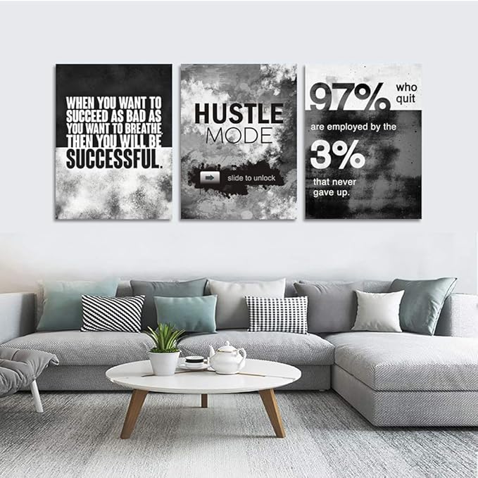 Motivational Office Wall Decor, Inspirational Canvas Wall Art, 3 Pieces Hustle Posters Prints Entrepreneur Success Quote Wall Decor for Lobby Meeting Room Hallway Living Room(72”Wx36”H)