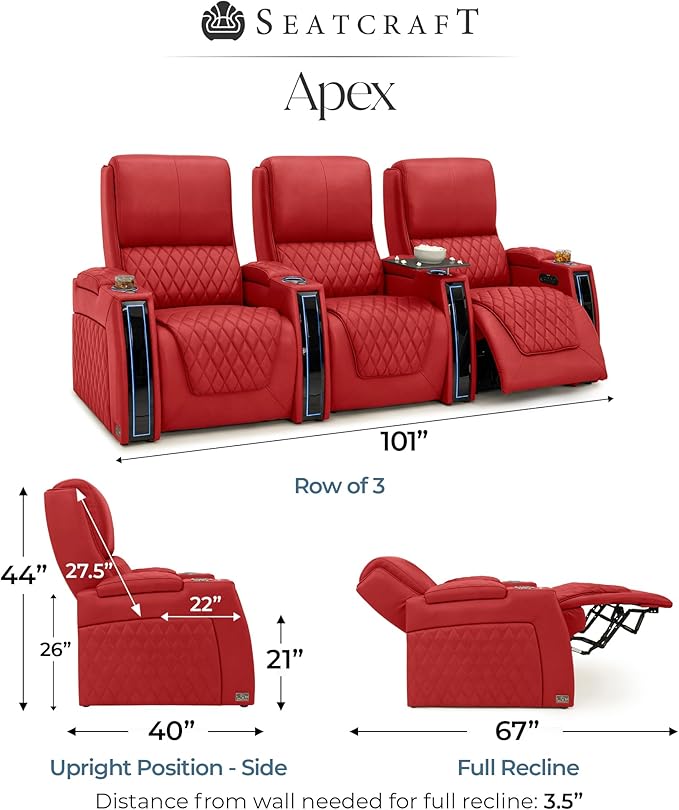 Seatcraft Apex Zero-Gravity CoolZero Italian Leather Home Theater Seating, Powered Headrest, Powered Lumbar, Powered Recline, Row of 3, Red