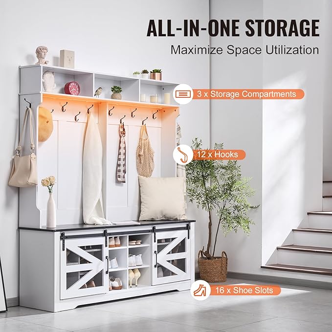VEVOR Hall Tree Entryway Bench, LED Coat Rack with Shoe Storage, 59" Wide Mudroom Bench with Storage and Seating, Adjustable Shelves and 12 Hanging Hooks, for Mudroom, Entryway, Hallway
