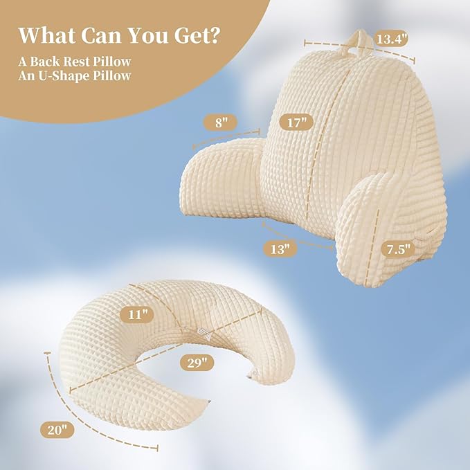 Reading Pillow for Bed,U Shaped & Back Support Pillow for Bed,19" Backrest with Lumbar & Arm Support,Comfy Flannel Fabric,Lap Pillow for Gaming/Reading/Watching TV,White