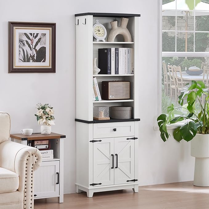 72in Tall Bookshelf 7 Tier Bookcase with Drawer and Barn Doors and Adjustable Shelves, White Farmhouse Book Shelf with Storage Cabinet, Wood Freestanding Display Bookshelves for Kitchen (2PCS)