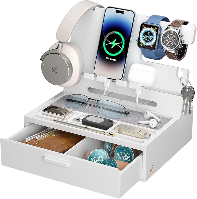 Pezin & Hulin Wooden Charging Station, Bedside Nightstand Tray, with Spacious Drawer, Felt Pads for Phones, Watch, Idea Gifts for Him Birthday, Son, Christmas for Papa Fathers Day (White)