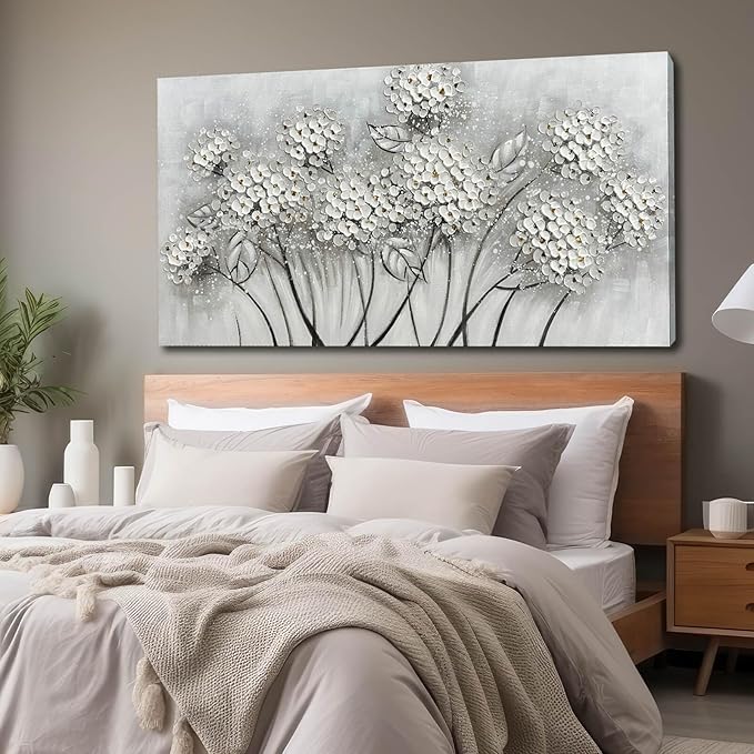 SOUGUAN Plant Wall Paintings White Floral Canvas Wall Art for Living Room Hand Painted Artwork Poster Botanical Picture Wall Decor for Home Office Decor 24x48 Inch