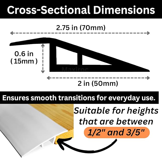1/2" to 3/5" Height Threshold Ramp - Rubber Threshold, Floor Transition Strip, Wheelchair Ramp, Door Strip, Carpet to Tile Strip (White, 80 inches)