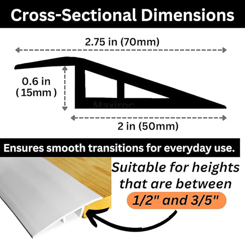 1/2" to 3/5" Height Threshold Ramp - Rubber Threshold, Floor Transition Strip, Wheelchair Ramp, Door Strip, Carpet to Tile Strip (White, 80 inches)