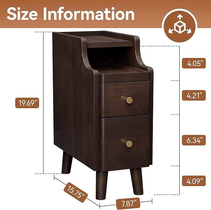 Narrow Nightstand with Drawers, Pre-Assembled Solid Wood Small Skinny Night Stand with Open Sliding Shelf Slim Bedside Table for Bedroom, Slim Side Table (2, Black Walnut, 8")