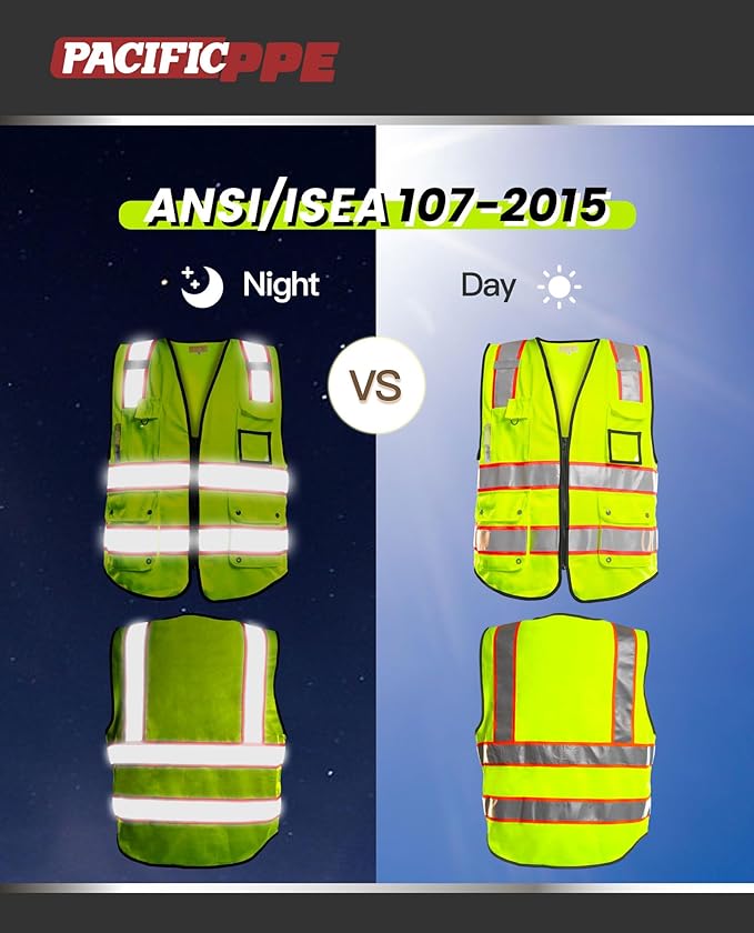 PACIFIC 10 Pockets Class 2 Safety Vest for Men, 3M High Visibility Reflective Strips, Meets ANSI/ISEA Standard, Yellow, XX-Large
