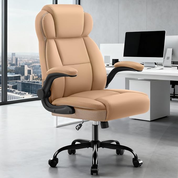 Ergonomic Office Chair with High Back Headrest, PU Leather Executive Desk Chair - Padded Flip-Up Armrests, Lumbar Support, Swivel Computer Chair for Home Office & Gaming, Khaki