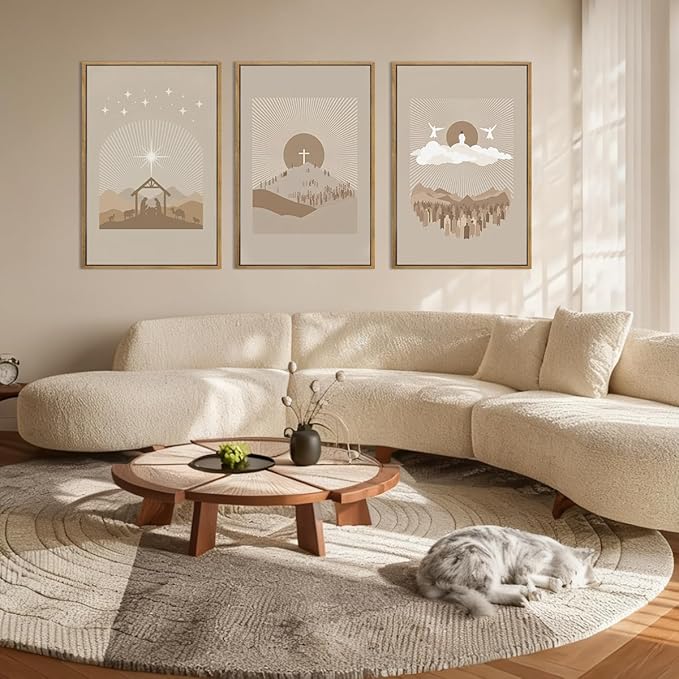 IARTTOP Extra Large Jesus Framed Wall Art 24x36 Inch Set of 3 Brown Nativity Christian Canvas Wall Decor Grey Bible Verse Artwork for Church Living room Bedroom