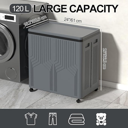 120 L Collapsible 2 Section Laundry Hamper, Plastic Rolling Laundry Basket 2 Section with Lid, Gray