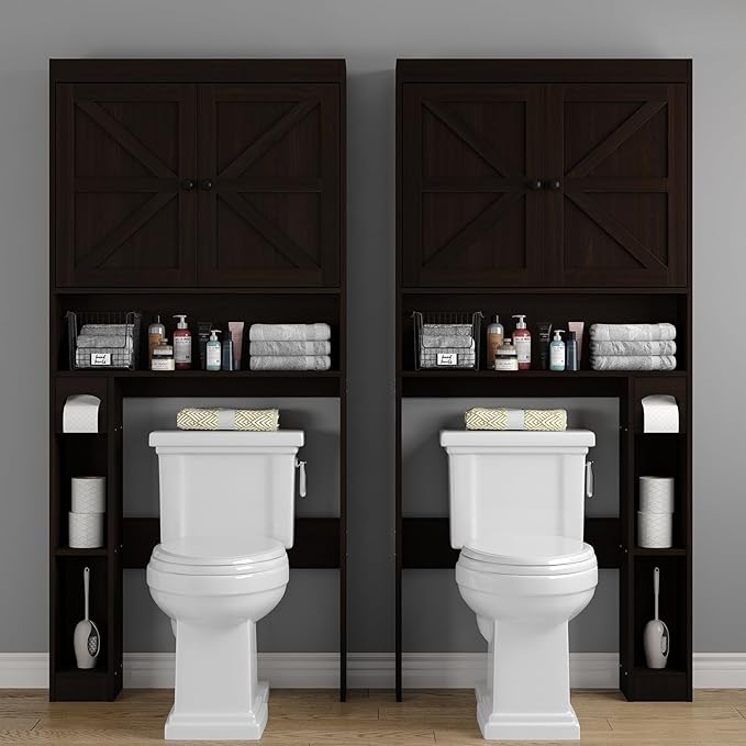 Furnideco 32.3''W Over The Toilet Storage Cabinet with Barn Doors, Over Toilet Shelf Farmhouse Storage Cabinet Space Saver with Toilet Paper Holder & Adjustable Bottom Bar, Espresso