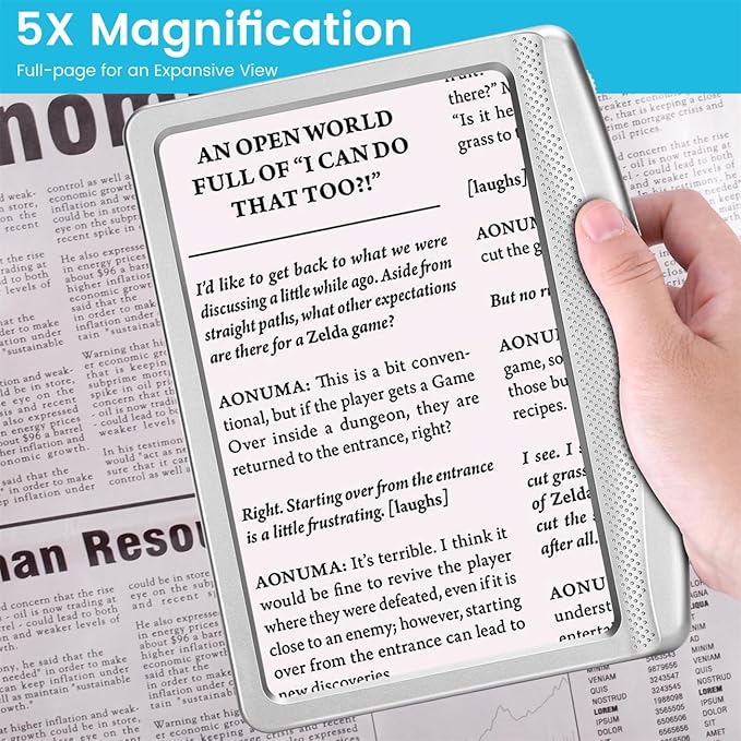Rechargeable 5X Magnifying Glass for Reading, Large Bright Full Page Magnifier with Light, Handheld LED Dimmable Lighted, Lightweight Book Magnifier for Reading Small Prints Seniors - Silver