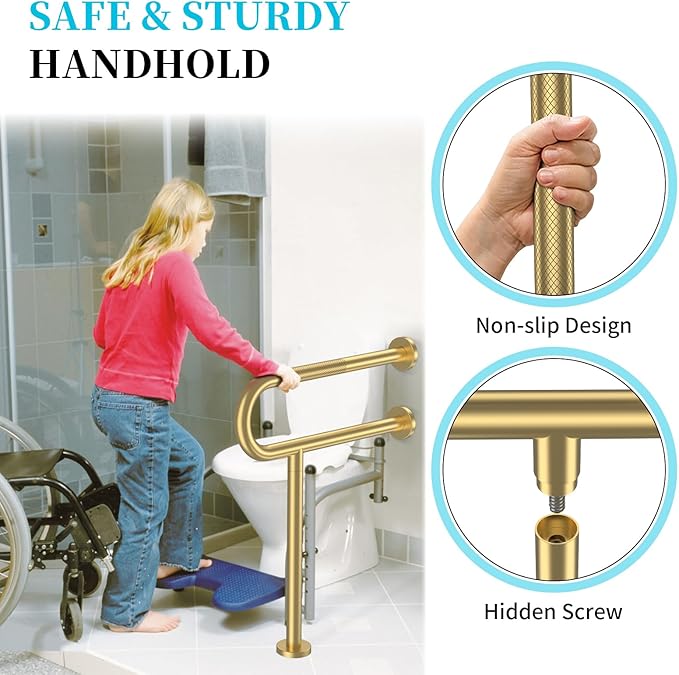 Toilet Support Rail 23.4X 28 Inch, Munzong Anti-Slip Gold Handicap Grab Bar for Bathroom, Stainless Steel Knurled Safety handrails with Leg for Elderly Disabled Pregnant-1.25’Tube