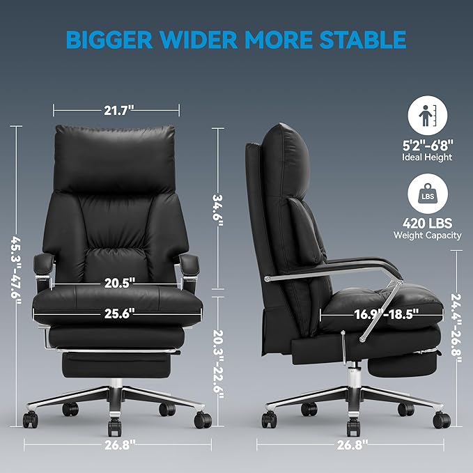 Reclining Office Chair with Footrest - 25.6" Wide Seat & Adjustable Seat Depth, Big and Tall High Back Leather Executive Home Office Desk Chair 400lbs, Black
