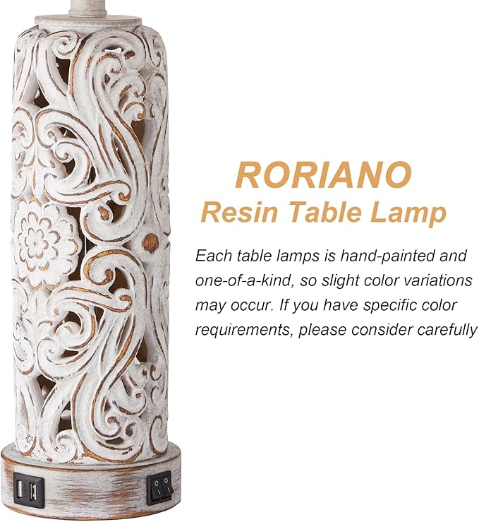 Set of 2 Rustic Farmhouse Table Lamps for Living Room Bedroom, Vintage Bedside Lamp with Dual USB Port, Antique White Resin Retro Nightstand Lamps with Night Light