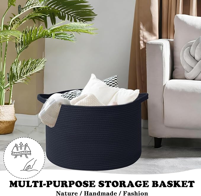 Large Storage Basket with Handle,19.7" L x 19.7" W x 13" H Blanket Basket Storage Bins for Organizing,65L Cotton Rope Woven Baskets for Living Room, Nursery ,Bedroom,Navy