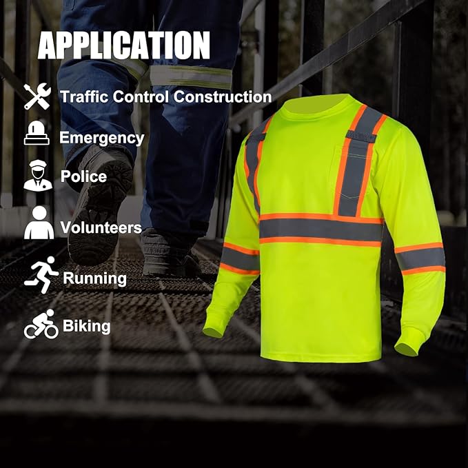 FONIRRA Hi Vis Shirts for Men Reflective ANSI Class 2 Safety Long Sleeve High Visibility Work Construction T Shirts Yellow