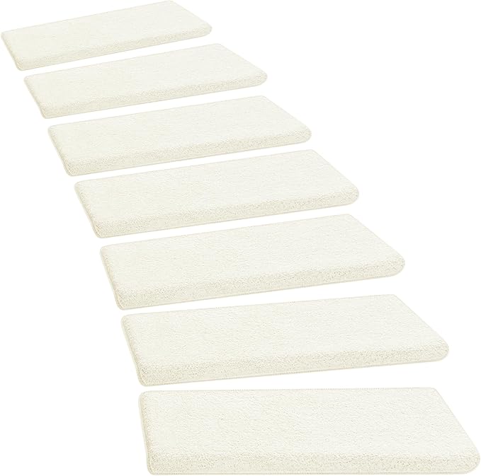 PURE ERA Carpet Stair Treads Ultra Plush 9.5" X 30"Soft Bullnose Indoor Stair Protectors Pet-Friendly Non-Slip Skid Resistant Tape Free Washable Reusable(14 Pieces,White)