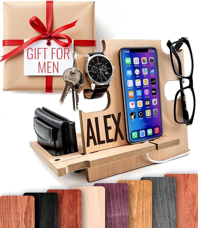 GRETAOTO Personalized Wood Phone Docking Station Gift for Men Bedside Nightstand Charging Station Organizer Mens Accessories Phone Stand Anniversary Birthday Gifts for Dad Him Husband
