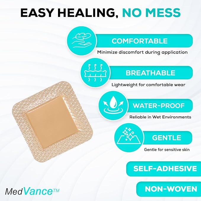 MedVance Bordered Adhesive Silicone Foam Dressing Pack of 10 - Waterproof Silicone Pad - Easy Apply & Remove Sterile Bandages - Wound Care & Dressings for Burns & More (3"x3" Bandage, 1.8"x1.8" Pad)