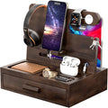 melafa365 Nightstand Organizer for Men,Phone Docking Station with Cable Management,Night Stand with Drawer,Bedside Organizer for Watches,Keys,Wallets,Gifts for Men(Brown)