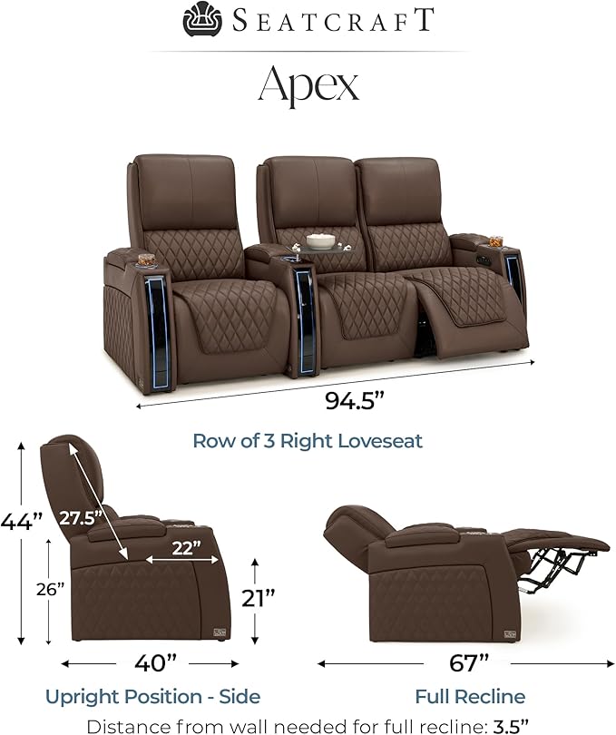Seatcraft Apex Zero-Gravity CoolZero Italian Leather Home Theater Seating, Powered Headrest, Powered Lumbar, Powered Recline, Row of 3 Right Loveseat, Brown