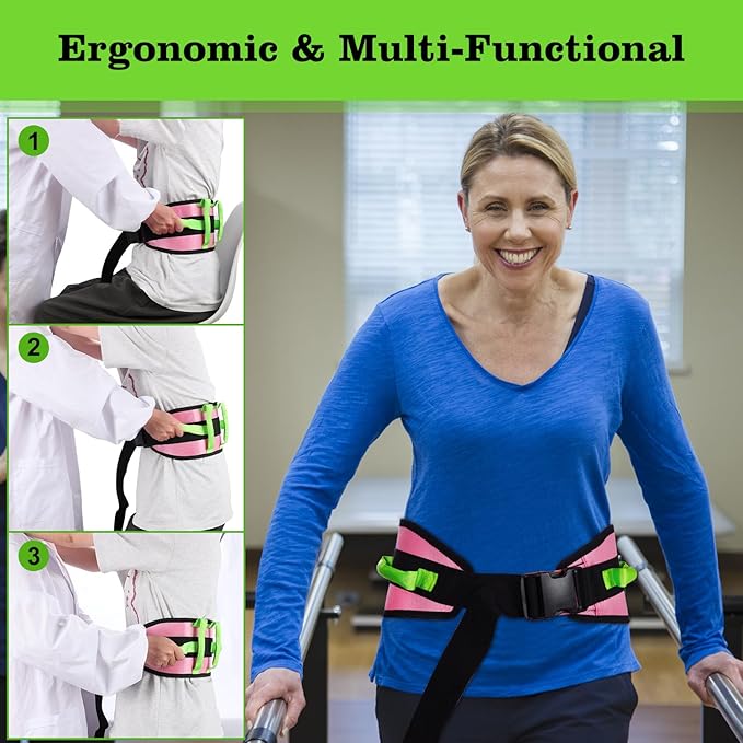 supregear Gait Belt - Anti-Slip Transfer Aid with 7 Handles and Quick-Release Buckle, Perfect for Senior Care, Pink