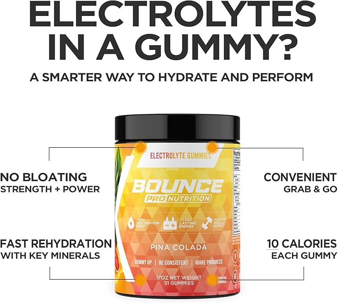 Bounce Pro Hydration Electrolyte Gummies – 30 Vegan Chewable Gummies with Sodium, Potassium & Magnesium for Running, Workouts & Endurance – No Sugar, Caffeine Free Electrolyte Chews, Pina Colada