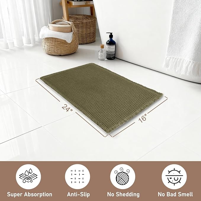 Hiasan Waffle Bath Mat, Super Absorbent Non Slip Bathroom Boho Rug with Tassels, Machine Washable Bath Mats for Bathroom, Ultra Soft Rubber Backed Rug, Grayish Green, 16 x 24 Inches