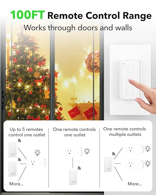 Remote Control Outlet Plug Switch, BN-LINK Wireless Light Remote Switch - Magnetic Removable, No Wiring Needed for Lamps, Lights, Fan, 100ft RF Range, 100ft RF Range, Pre-Programmed